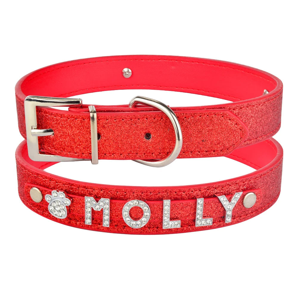 Collier Chien Personnalisé en Cuir avec Strass rouge